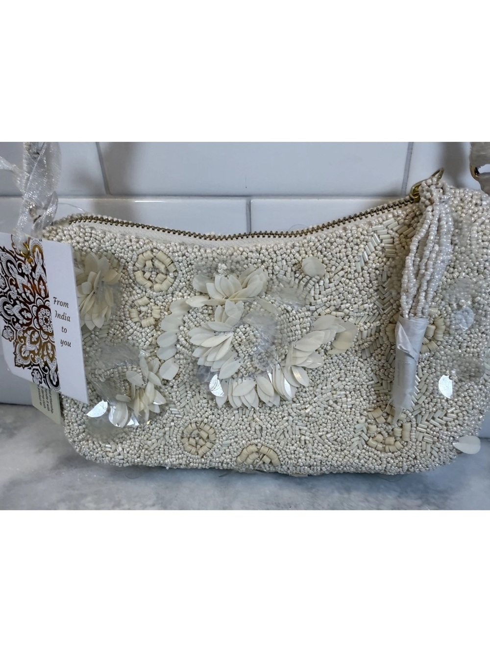 NEW RELEASE Made In India White Ivory Beaded Floral Shoulder Bag NWT